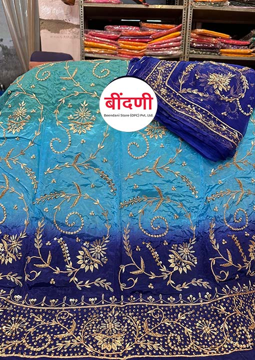 Heavy Work Rajputi Poshak in Light and Dark Blue Color with Zardoji-Dabka Work