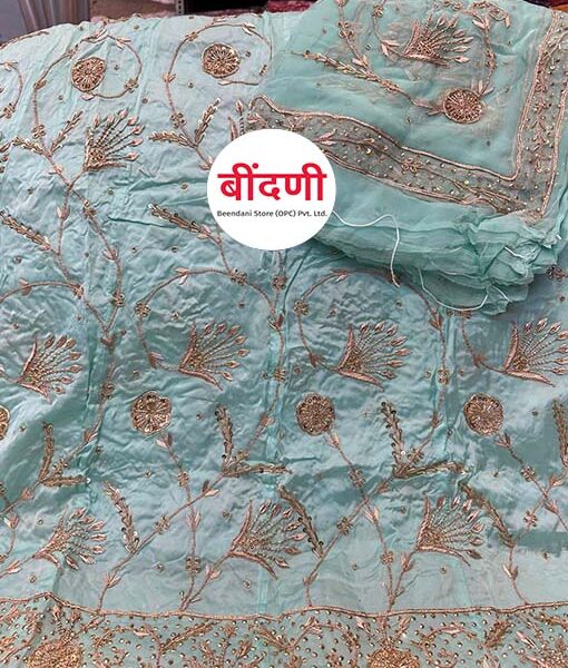 Heavy Work Poshak in Light Blue with Bember Satin