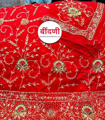 Heavy Red Color Bridal Poshak in Bember Satin Fabric with Zardoji Work