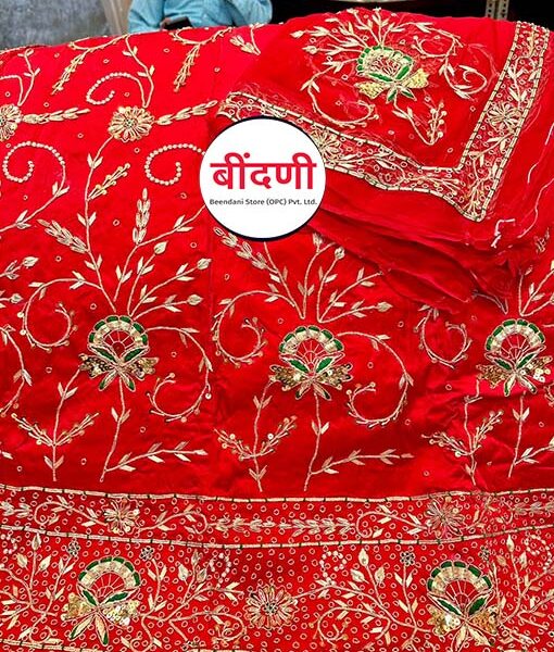 Heavy Red Color Bridal Poshak in Bember Satin Fabric with Zardoji Work