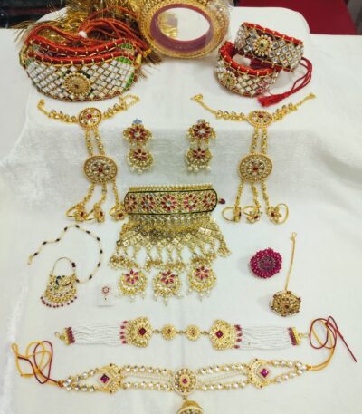 Rajputi Jewelry Set with Red and White Kundan Stones