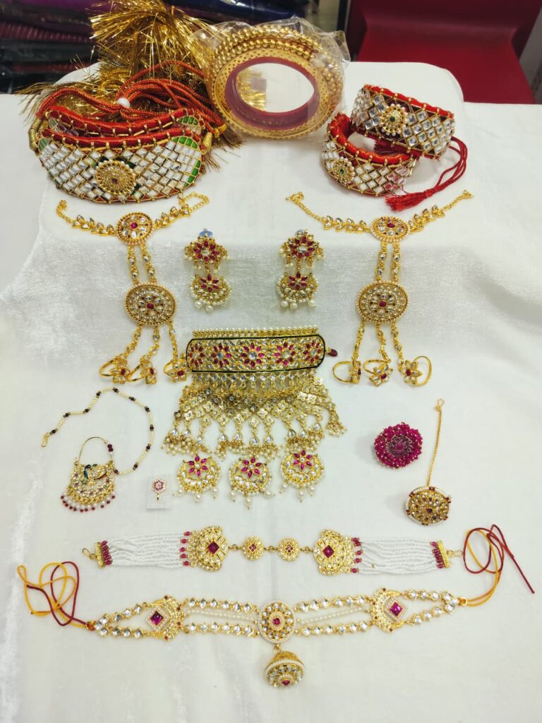 Rajputi Jewelry Set with Red and White Kundan Stones