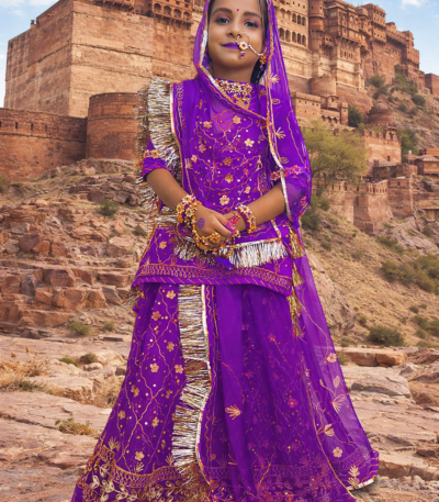 Kids Rajputi Poshak in Purple Color with Zari-Stone Work