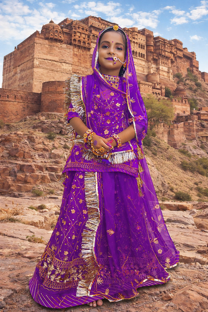 Kids Rajputi Poshak in Purple Color with Zari-Stone Work