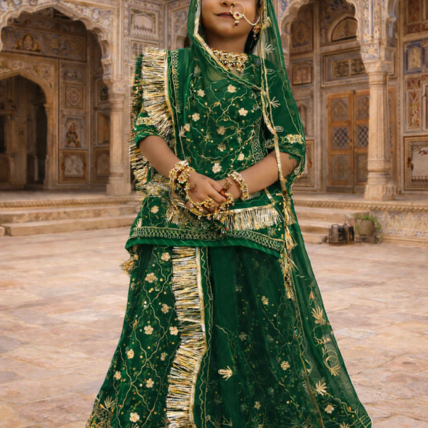 Baisa Rajputi Poshak in Dark Green with Zari Work