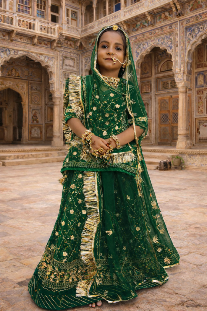 Baisa Rajputi Poshak in Dark Green with Zari Work