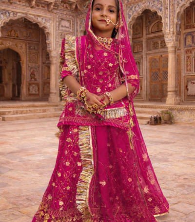 Rajasthani Baisa Poshak in Rani Pink Color with Zari Work