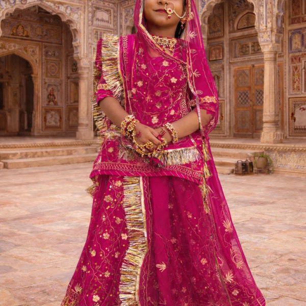 Rajasthani Baisa Poshak in Rani Pink Color with Zari Work