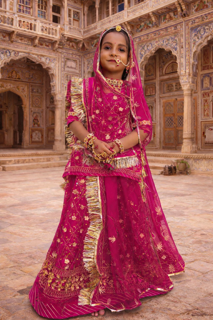 Rajasthani Baisa Poshak in Rani Pink Color with Zari Work