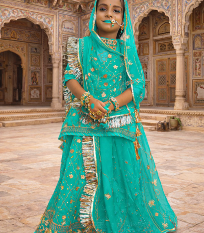 Girls Rajputi Poshak in Firozi Blue Color with Zari-Stone Work