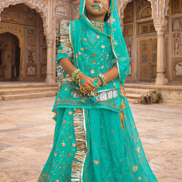 Girls Rajputi Poshak in Firozi Blue Color with Zari-Stone Work