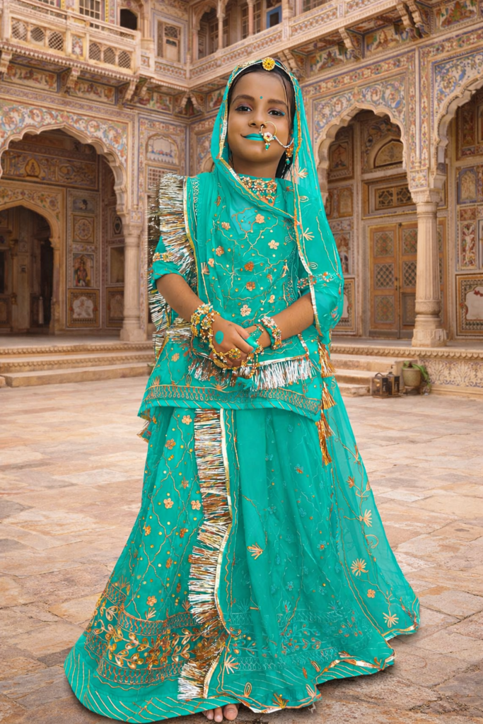 Girls Rajputi Poshak in Firozi Blue Color with Zari-Stone Work