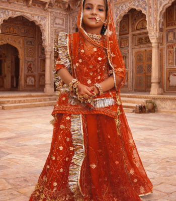 Girls Rajputi Poshak in Red Color with Zari-Stone Work