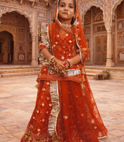 Girls Rajputi Poshak in Red Color with Zari-Stone Work