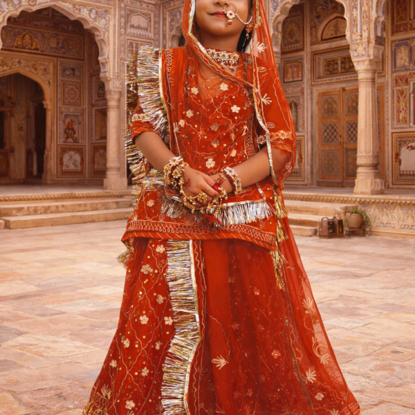 Girls Rajputi Poshak in Red Color with Zari-Stone Work