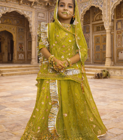 Girls Rajputi Poshak in Mehandi Green Color with Zari-Stone Work