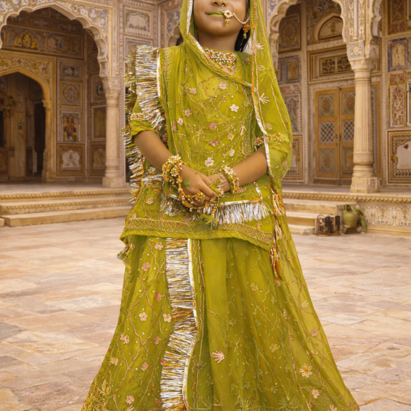 Girls Rajputi Poshak in Mehandi Green Color with Zari-Stone Work