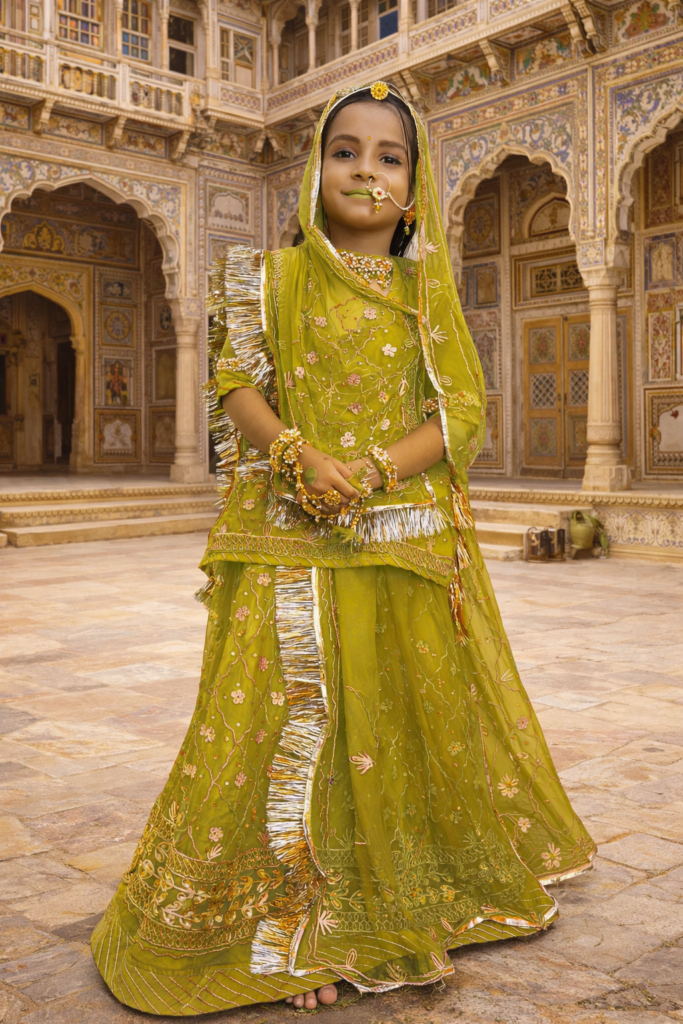 Girls Rajputi Poshak in Mehandi Green Color with Zari-Stone Work