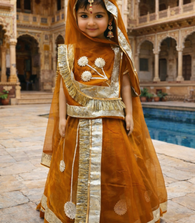 Rajputi Kids Poshak in Jalebi Color with Gotapatti Work