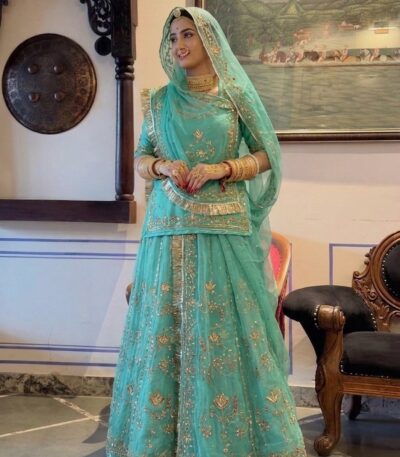 Rajputi Handwork Poshak in Firozi Blue Color