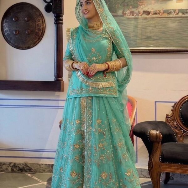 Rajputi Handwork Poshak in Firozi Blue Color